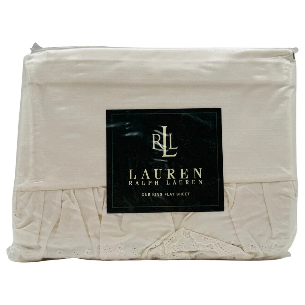 Ralph Lauren Bromley Linen KING Flat Sheet Eyelet Floral Ruffle Ivory NWT Sealed